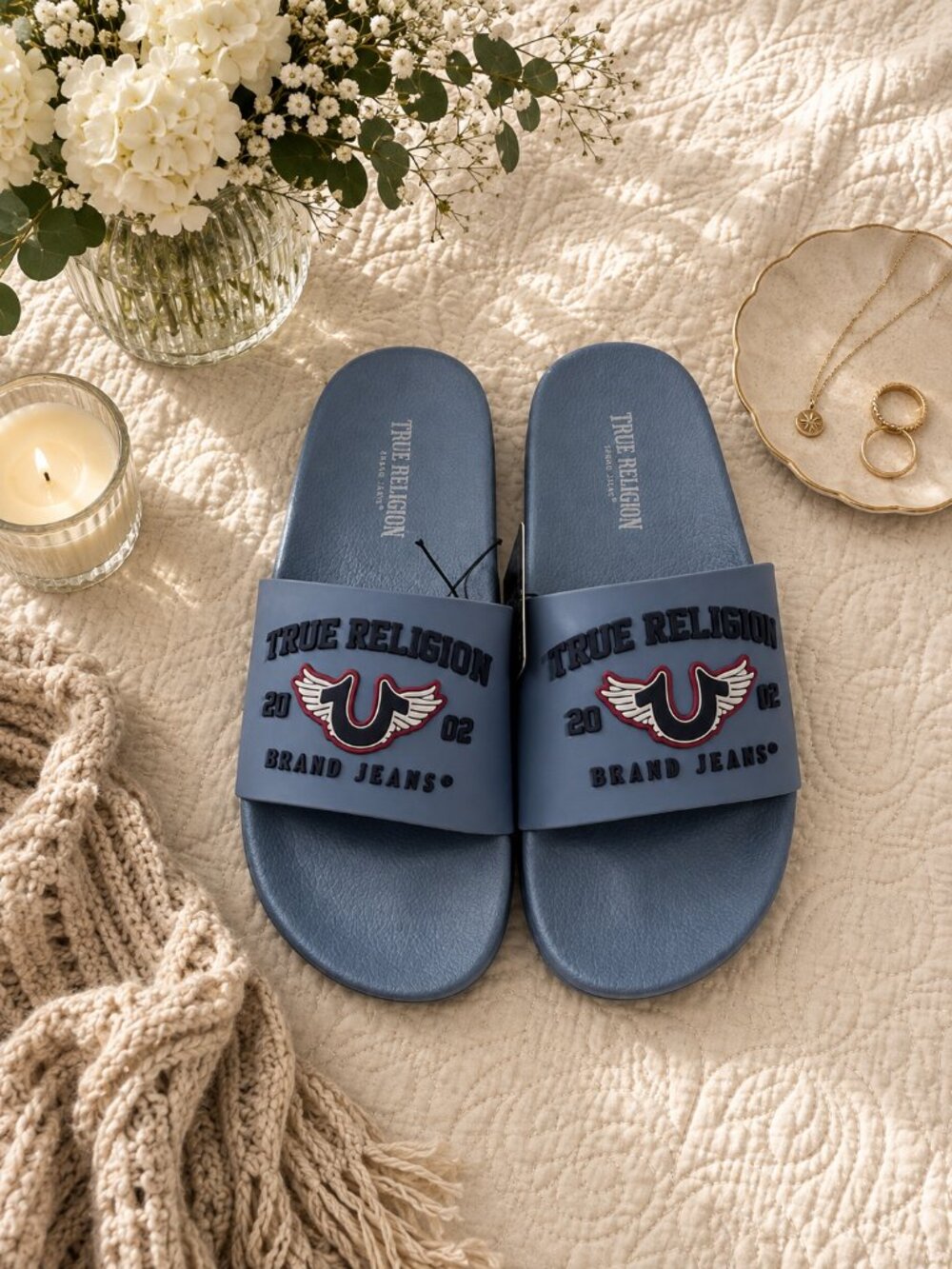 True Religion Women’s Slide Sandals Size 8 Blue Gray Logo Slip On NWT